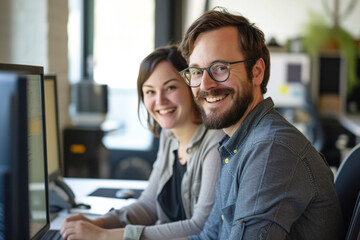 Portrait of two people at work. Both are sitting in front of a computer and smiling contentedly at the camera.