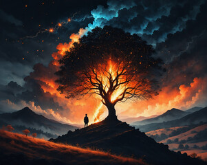 Poster - a burning tree stands on a hill, next to it is a silhouette of a man, thunderclouds in the sky. Generated AI
