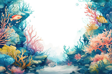 Sticker - Underwater scene with coral reef, fish and seaweed. Vector watercolor illustration.