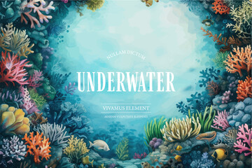 Canvas Print - Underwater scene with coral reef, fish and seaweed. Vector watercolor illustration.