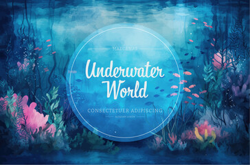 Wall Mural - Underwater scene with coral reef, fish and seaweed. Vector watercolor illustration.