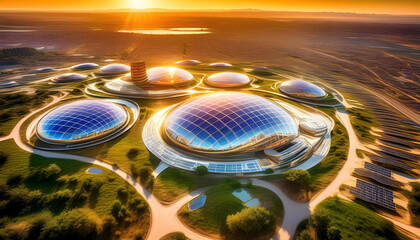 Wall Mural - A futuristic city on Venus with sleek glass buildings and solar panels, surrounded by vibrant colors and a bright sun in the sky.