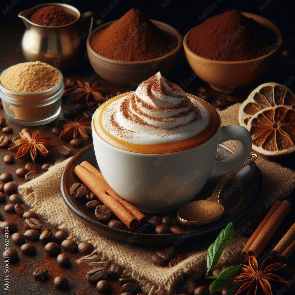 Cup of cappuccino with whipped cream, cinnamon, star anise and coffee ...