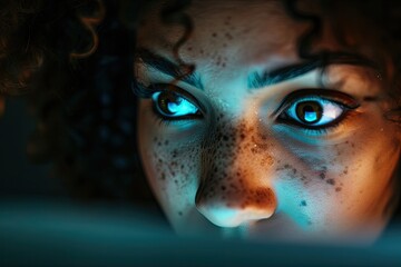 Wall Mural - A woman with blue eyes and brown hair. A woman looks at the laptop monitor. There is something gloomy and mysterious about the image