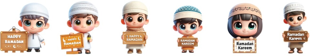 Cut Out Set of a Cute 3D Cartoon Boy and Girl Holding 'Happy Ramadan' and 'Ramadan Kareem,' Isolated on Transparent or White Background