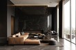 A luxurious living room featuring timeless black color themes and refined marble accents