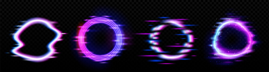 Poster - Neon glowing circle frame with glitch effect on black background. Realistic vector illustration set of ring border with tv digital light bug. Round luminous shape with video lag and noise texture.