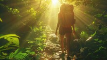 A single traveler with a backpack treads along a forest trail, bathed in the warm glow of sunlight filtering through the trees.