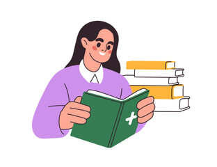 Poster - Girl student reading book. Woman learning with textbook in hands. Education, knowledge, study concept. Learner preparing for exam with literature. Flat vector illustration isolated on white background