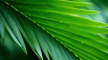 Poster - Close-up of the green leaves of a palm tree in a rainforest. Background, Leaf Texture in Nature.