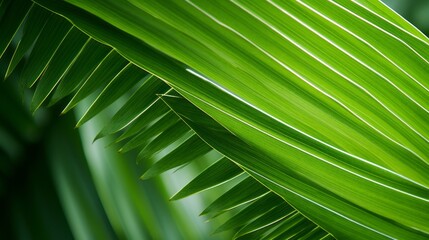 Poster - Close-up of the green leaves of a palm tree in a rainforest. Background, Leaf Texture in Nature.