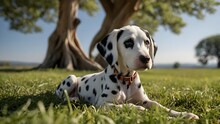 A Close-up Of A Solitary Dalmatian Puppy Sitting Amid Vibrant Green Grass On A Sunny Day, With An Ancient Tree In The Background And A Clear Blue Sky Above.