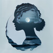 Woman head profile with moon over the sea landscape double exposure