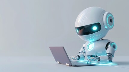 Cute friendly artificial intelligence robot using laptop computer with white neon glow light, light grey background, chatbot and AI assistant concept futuristic technology 3d illustration, banner