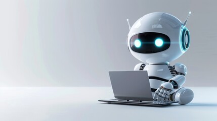 Cute friendly artificial intelligence robot using laptop computer with white neon glow light, light grey background, chatbot and AI assistant concept futuristic technology 3d illustration, banner