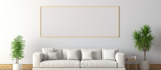 Sticker - Interior design featuring a white couch and picture frame in a greywalled living room. The furniture is made of wood, creating a comfortable space