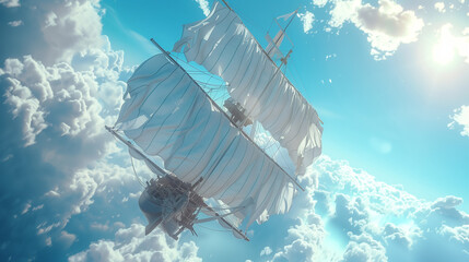 flying sailing ship over the blue sky ,concept art , fantasy art