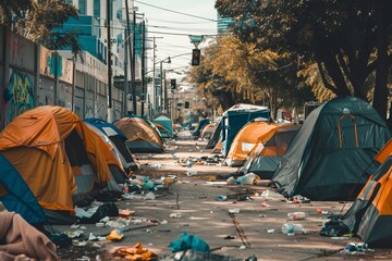 a city with tents and garbage. there are poor homeless people