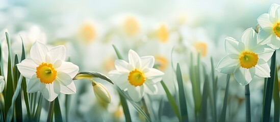 Sticker - A beautiful field of daffodils, with white and yellow petals, growing among the grass in a natural landscape. An artistic display of flowering plants in a meadow event