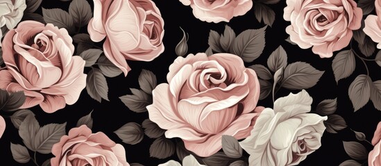 Wall Mural - Seamless decorative pattern with beautiful rose flowers on dark backdrop.