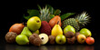 Vegetables and fruits on a dark background, fresh berries antioxidant fruit medley of blackberries, blueberries, strawberries
