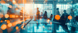 Fototapeta Sawanna - Creative Dynamic Business Banner with Business People Meeting at Table, Abstract Blurred Office Interior in Blue and Orange Tones. Ai generated