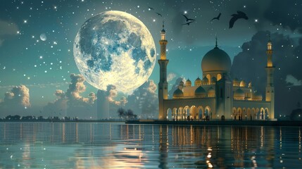 Wall Mural - majestic mosque silhouetted against the moon: ramadan kareem illustration with reflective waters - 3