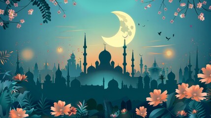 Wall Mural - majestic mosque silhouetted against the moon: ramadan kareem illustration with reflective waters - 3