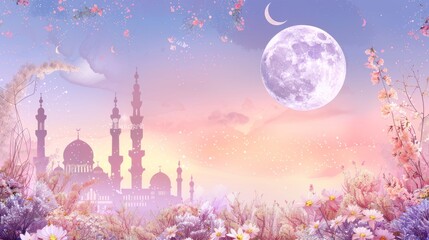 Wall Mural - majestic mosque silhouetted against the moon: ramadan kareem illustration with reflective waters - 3