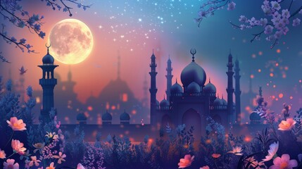 Wall Mural - majestic mosque silhouetted against the moon: ramadan kareem illustration with reflective waters - 3