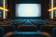 Cinema auditorium with seats and white screen on the wall