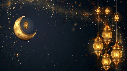 Wall Mural - vibrant eid and ramadan celebration design: moon and golden lantern on black background - vector ill