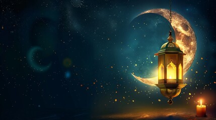 Wall Mural - vibrant eid and ramadan celebration design: moon and golden lantern on black background - vector ill