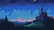Pixel castle in the rays of the moon. Style, stars, jester, servants, kingdom, gloomy, prince, king, princess, throne, subjects, possessions, inheritance. Generated by AI