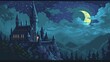 Pixel castle in the rays of the moon. Style, towers, stars, jester, servants, kingdom, gloomy, prince, king, princess, throne, subjects, possessions, inheritance, decree. Generated by AI