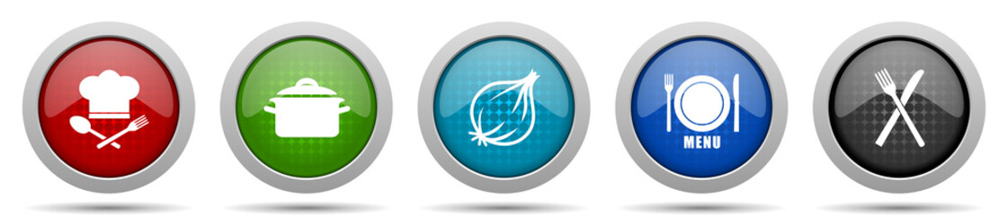 Fototapete - Food icons, miscellaneous buttons such as chef hat, pot, onion, menu and cutlery, circle glossy web icon collection