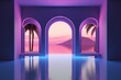 © photolas - Architectural arches against the backdrop of an abstract surreal landscape illuminated with neon pink light. Calm water surface, sea. Fantastic interior, space of the metaverse.