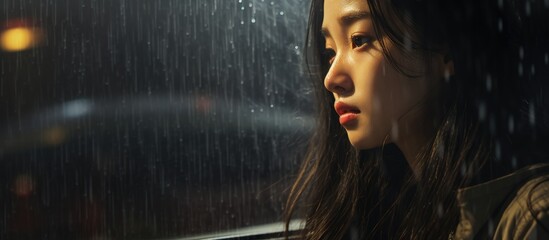 Poster - In the darkness of midnight, a woman gazes out of a rainsplattered window, her eyelashes catching the flash photography from an event below