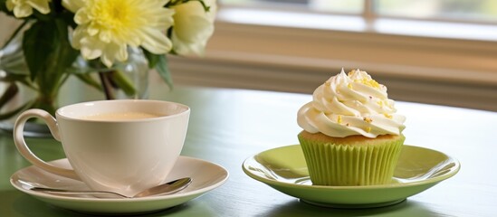 Wall Mural - A coffee cup and a cupcake on a saucer, set on a table with a beautiful flower plant as decoration. Perfect combination of drinkware, food, and plant decor