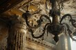 Close-up of a dust-covered chandelier in an old hotel lobby