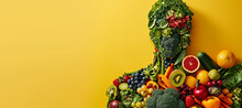 Human body made from vegetables and fruits. Vegan concept, yellow background