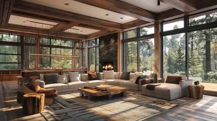 Sticker - A modern craftsman residence nestled in nature, blending harmoniously with its surroundings through its earthy color palette, organic textures, and expansive windows to bring the outdoors in.