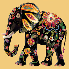 A Colorful Elephant With Flowers And Leaves On Its Body