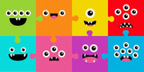 Fototapeta Pokój dzieciecy - Square monster face head set banner. Puzzle game. Happy Halloween. Spooky Smiling Boo screaming sad face emotion. Cute character. Eyes, teeth fang, mouse. Flat design style. Baby kids background.