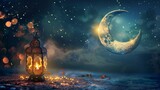 Fototapeta  - Vibrant illuminated islamic eid festival greeting with crescent moon and traditional lamp - cultural celebration concept