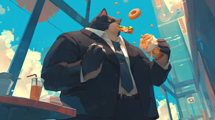 Wall Mural - fat cat carrying snacks wearing formal office suit