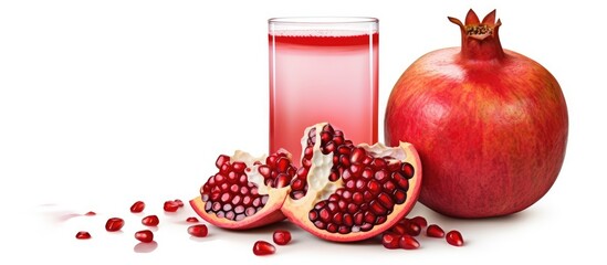 Sticker - A glass of pomegranate juice sits beside a ripe, red pomegranate. The liquid is made from the fruit, a staple food known for its natural, healthy ingredients