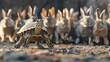 Front view of a turtle confidently leading a pack of rabbits on a gravel surface. This whimsical scene plays on the classic fable of the tortoise and the hare, with the tortoise taking the lead