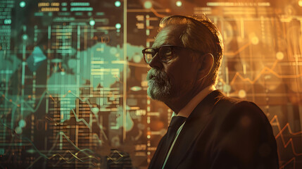Poster - Mature businessman analyzing digital data charts. futuristic digital interface. concept of modern technology in business. professionally dressed man in thought. AI
