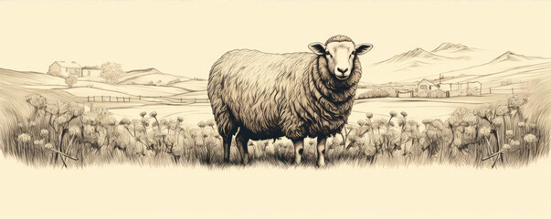 Wall Mural - Sheep in engrve shape or black ink drawn on white paper or background.